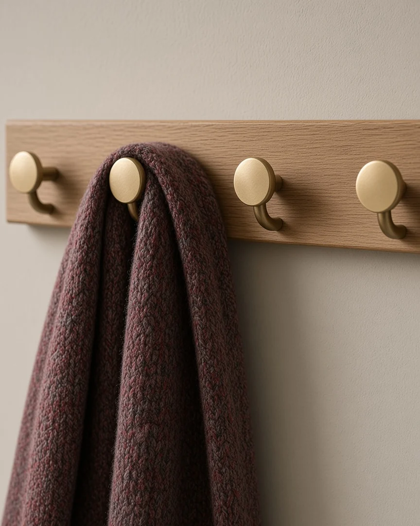 Oak & Brass Hook Rail, in a room setting